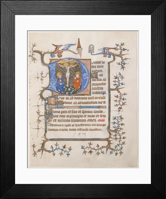 Framed Print : Manuscript Leaf with the Crucifixion in an Initial D, from a Book of Hours, ca. 1350 Framed Print : Manuscript Leaf with the Crucifixion in an Initial D, from a Book of Hours, ca. 1350