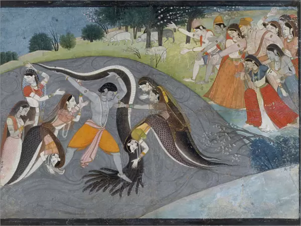Krishna Subduing Kaliya, the Snake Demon: Folio from a Bhagavata Purana Series, ca