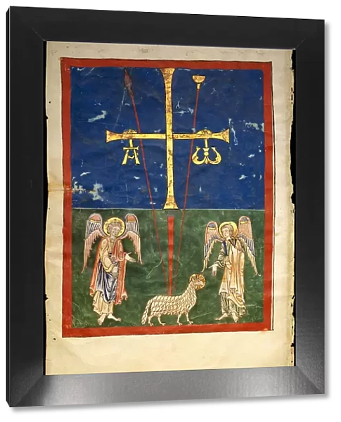 Leaf from a Beatus Manuscript: the Lamb at the Foot of the Cross, Flanked by Two Angels