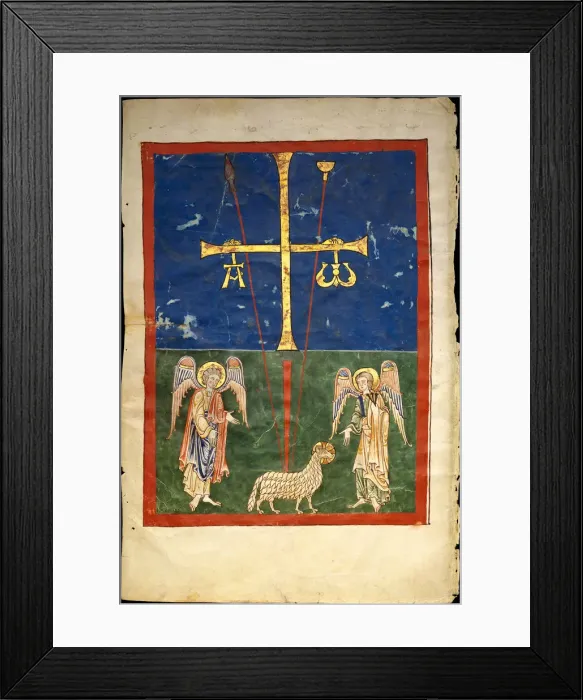 Framed Print : Leaf from a Beatus Manuscript: the Lamb at the Foot of the Cross, Flanked by Two Angels Framed Print : Leaf from a Beatus Manuscript: the Lamb at the Foot of the Cross, Flanked by Two Angels
