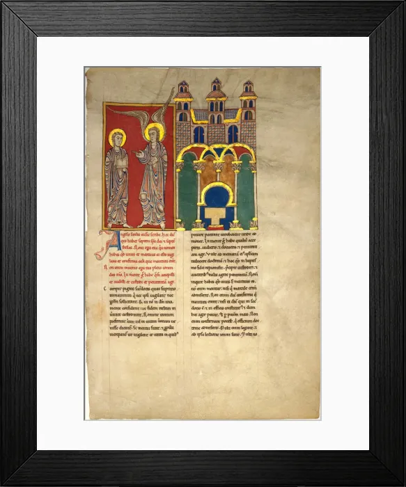 Framed Print : Leaf from a Beatus Manuscript: the Angel of the Church of Sardis with Saint John, ca Framed Print : Leaf from a Beatus Manuscript: the Angel of the Church of Sardis with Saint John, ca
