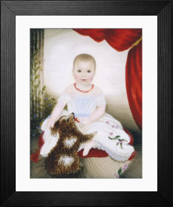 Framed Print : Baby with Rattle and Dog, 1842. Creator: Clarissa Peters Framed Print : Baby with Rattle and Dog, 1842. Creator: Clarissa Peters