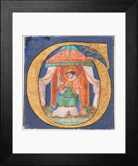 Framed Print : Manuscript Illumination with Saint Trudo (Trond) in an Initial O, from a Choir Book, 15th century Framed Print : Manuscript Illumination with Saint Trudo (Trond) in an Initial O, from a Choir Book, 15th century