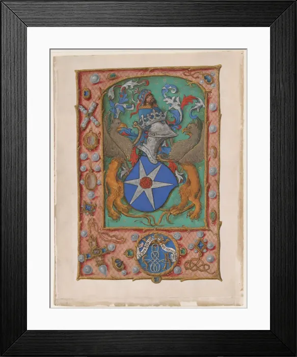 Framed Print : Manuscript Leaf with Coat of Arms, from a Book of Hours, ca. 1500. Creator: Unknown Framed Print : Manuscript Leaf with Coat of Arms, from a Book of Hours, ca. 1500. Creator: Unknown