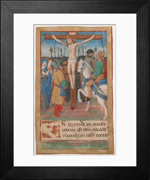 Framed Print : Manuscript Leaf with the Crucifixion, from a Book of Hours, 15th century. Creator: Unknown Framed Print : Manuscript Leaf with the Crucifixion, from a Book of Hours, 15th century. Creator: Unknown