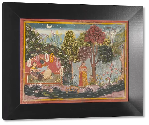 Krishna and Radha in a Bower: Page From a Dispersed Gita Govinda, ca. 1665. Creator: Sahibdin