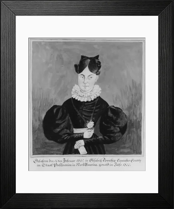 Framed Print : Portrait and Birth Record of Mahala Wechter, 1833. Creator: Jacob Maentel Framed Print : Portrait and Birth Record of Mahala Wechter, 1833. Creator: Jacob Maentel