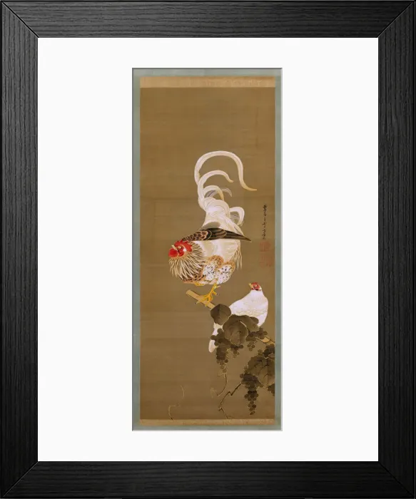 Framed Print : Hen and Rooster with Grapevine, 1792. Creator: Ito Jakuchu Framed Print : Hen and Rooster with Grapevine, 1792. Creator: Ito Jakuchu