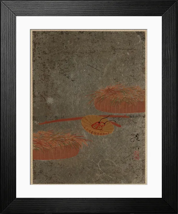 Framed Print : Flower Baskets and Farmers Hat, ca. 1880s. Creator: Shibata Zeshin Framed Print : Flower Baskets and Farmers Hat, ca. 1880s. Creator: Shibata Zeshin