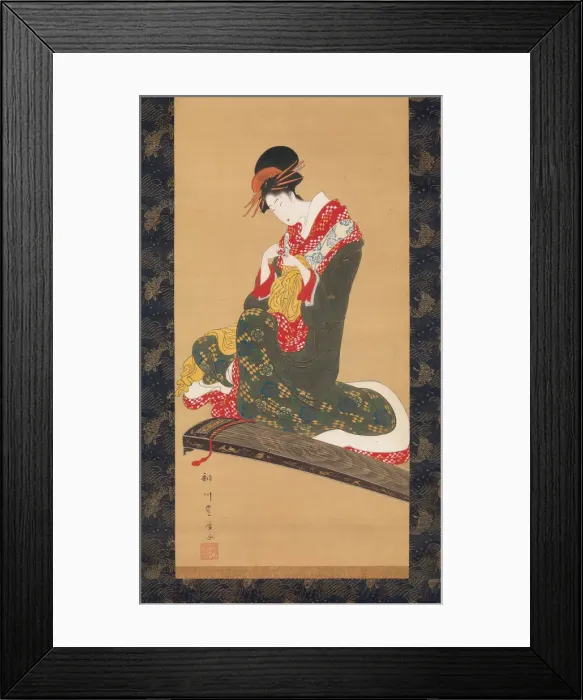 Framed Print : Woman Putting on Finger Plectrums to Play the Koto, early 19th century. Creator: Utagawa Toyohiro Framed Print : Woman Putting on Finger Plectrums to Play the Koto, early 19th century. Creator: Utagawa Toyohiro