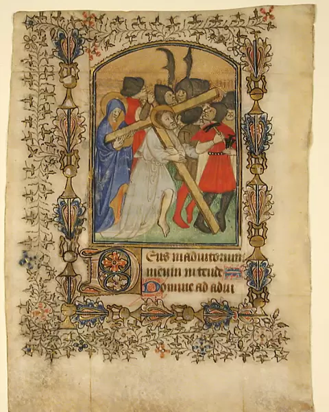 Manuscript Leaf from a Book of Hours... Illuminated Initial D and Christ Bearing the Cross