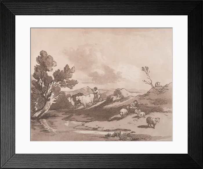 Framed Print : Landscape with a Figure Herding Cattle, and a Shepherd Resting, May 21, 1789 Framed Print : Landscape with a Figure Herding Cattle, and a Shepherd Resting, May 21, 1789