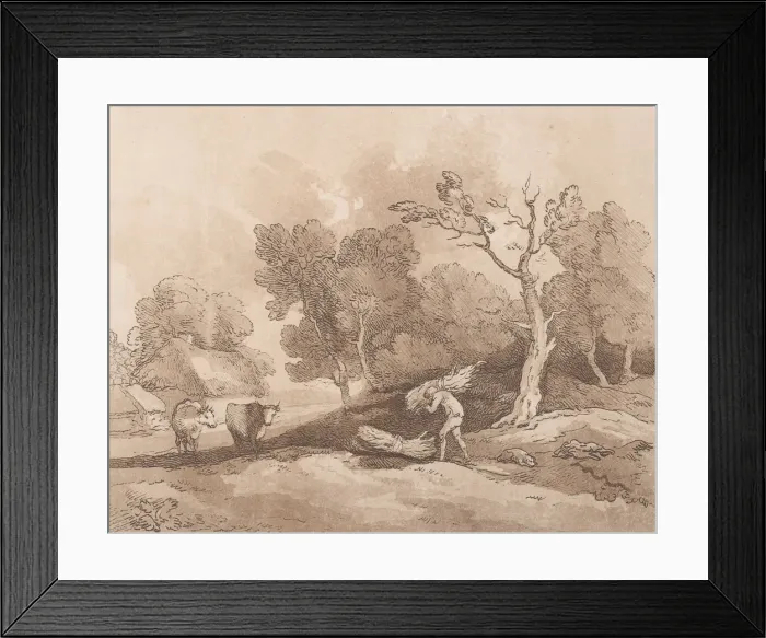 Framed Print : Landscape with a Figure Carrying a Bundle of Branches, a Copice Behind, Two Cows i Framed Print : Landscape with a Figure Carrying a Bundle of Branches, a Copice Behind, Two Cows i