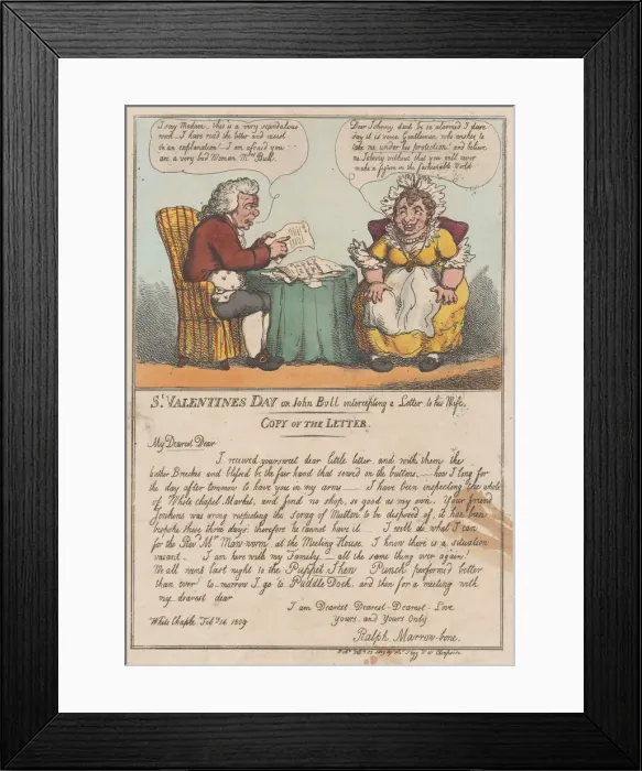 Framed Print : St. Valentines Day or John Bull intercepting a Letter to his Wife, February Framed Print : St. Valentines Day or John Bull intercepting a Letter to his Wife, February