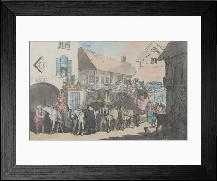 Framed Print : Stage Coach and Riders in the Yard of an Inn, Preparing to Depart, 1789-95. 1789-95 Framed Print : Stage Coach and Riders in the Yard of an Inn, Preparing to Depart, 1789-95. 1789-95