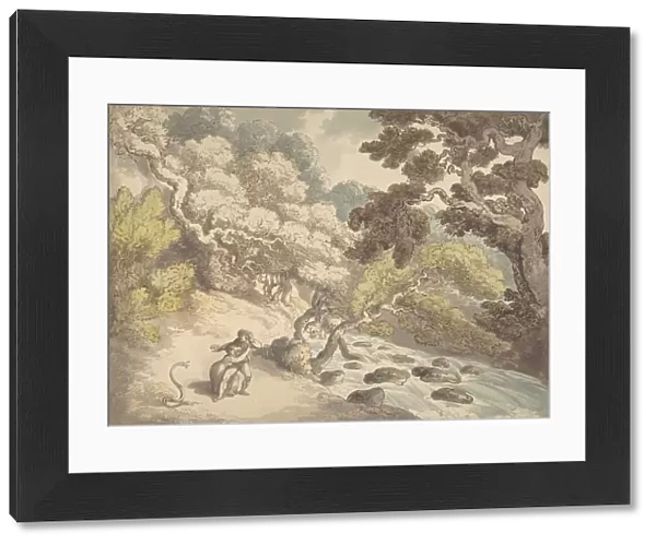 Landscape with rushing stream and a couple on the bank, frightened by a snake, 1775-1827