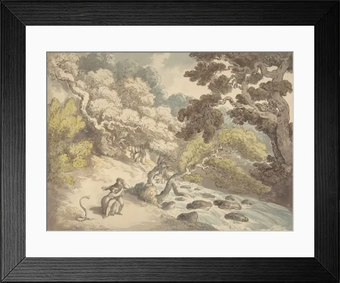 Framed Print : Landscape with rushing stream and a couple on the bank, frightened by a snake, 1775-1827 Framed Print : Landscape with rushing stream and a couple on the bank, frightened by a snake, 1775-1827