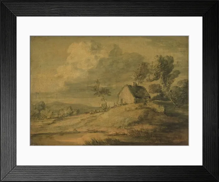 Framed Print : Wooded Landscape with Cottage, Cows and Sheep, ca. 1770. Creator: Thomas Gainsborough