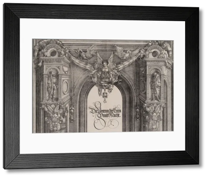 Framed Print : The Upper Section of the Entryway to the Central Portal with a Winged Figure Holding Framed Print : The Upper Section of the Entryway to the Central Portal with a Winged Figure Holding