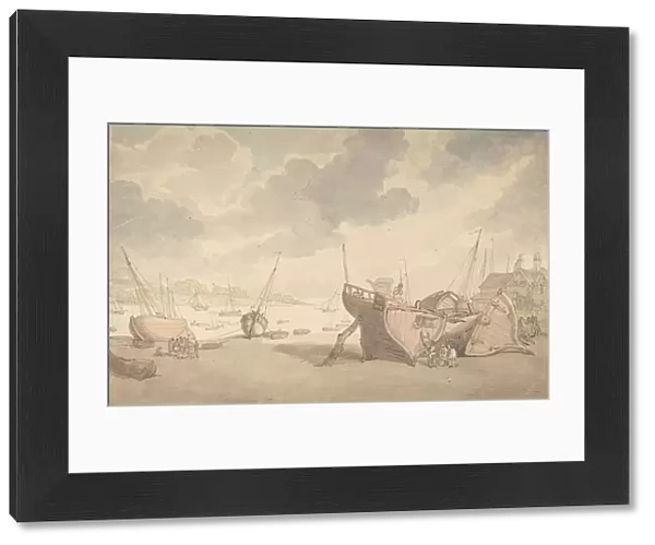 Harbor scene with the tide out, and beached boats, 1775-1827. Creator: Thomas Rowlandson