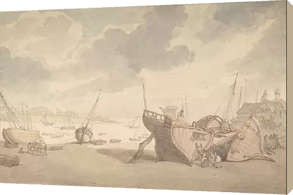 Harbor scene with the tide out, and beached boats, 1775-1827. Creator: Thomas Rowlandson