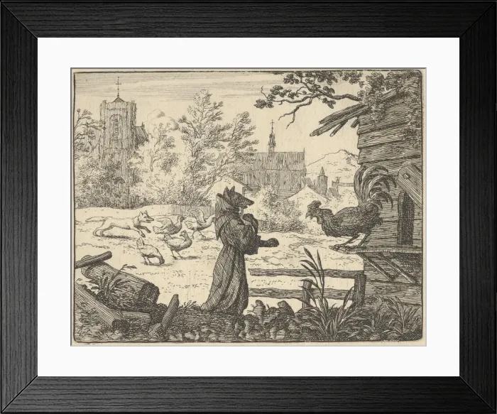 Framed Print : Renard, Disguised as a Monk, Gains the Confidence of the Rooster, 1650-75 Framed Print : Renard, Disguised as a Monk, Gains the Confidence of the Rooster, 1650-75