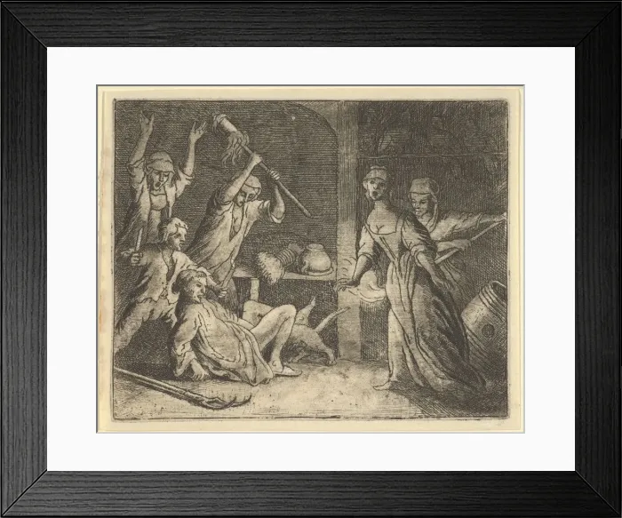 Framed Print : The Cat, Caught in a Snare, is Mistreated by the People from the House, 1650-75 Framed Print : The Cat, Caught in a Snare, is Mistreated by the People from the House, 1650-75