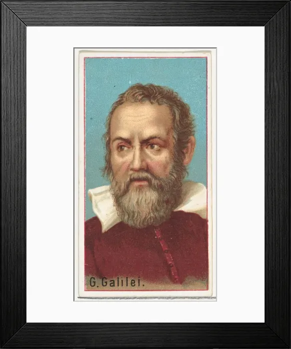 Framed Print : Galileo Galilei, printers sample for the Worlds Inventors souvenir album (A25 Framed Print : Galileo Galilei, printers sample for the Worlds Inventors souvenir album (A25