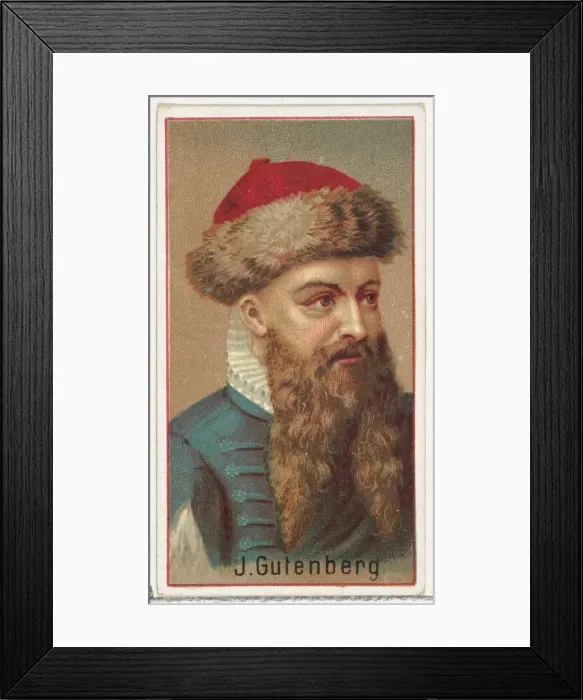 Framed Print : Johannes Gutenberg, printers sample for the Worlds Inventors souvenir album (A25 Framed Print : Johannes Gutenberg, printers sample for the Worlds Inventors souvenir album (A25