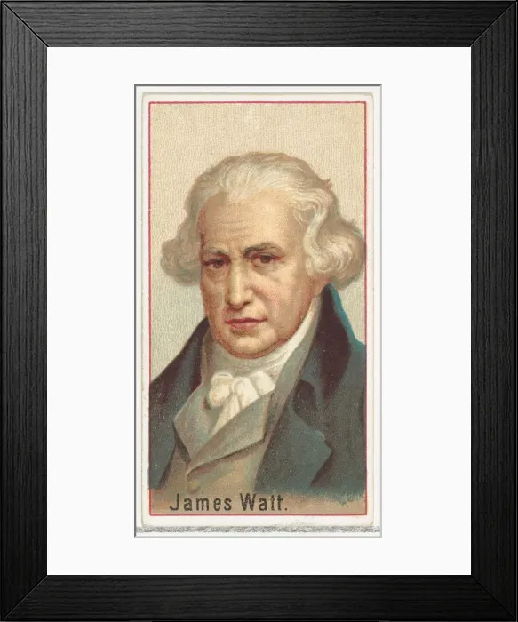 Framed Print : James Watt, printers sample for the Worlds Inventors souvenir album (A25 Framed Print : James Watt, printers sample for the Worlds Inventors souvenir album (A25
