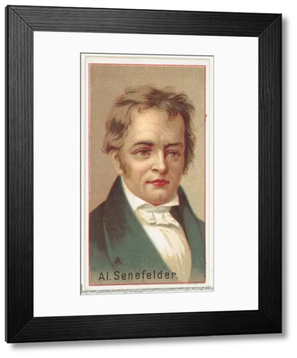 Framed Print : Alois Senefelder, printers sample for the Worlds Inventors souvenir album (A25 Framed Print : Alois Senefelder, printers sample for the Worlds Inventors souvenir album (A25