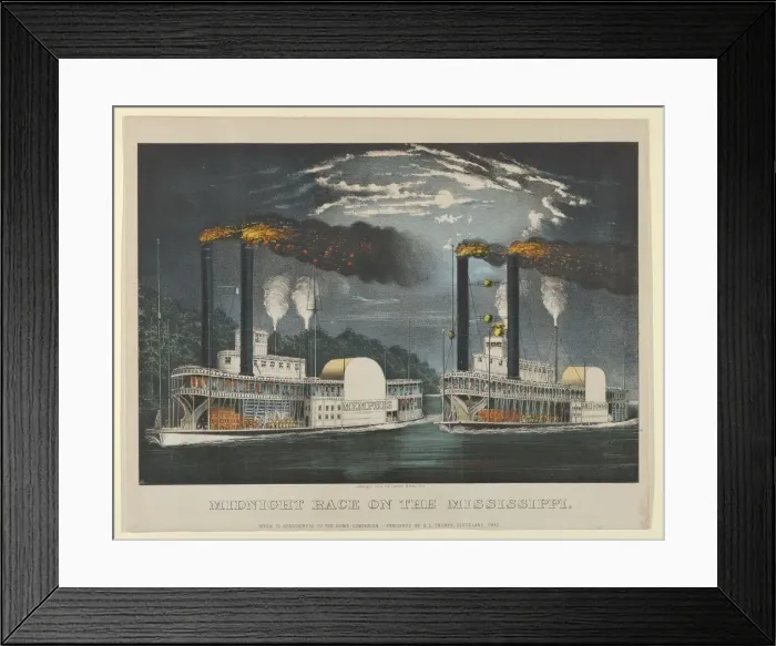 Framed Print : Midnight Race on the Mississippi, 1875. 1875. Creators: Nathaniel Currier Framed Print : Midnight Race on the Mississippi, 1875. 1875. Creators: Nathaniel Currier
