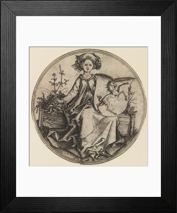 Framed Print : Seated Lady Holding a Shield with an Unicorn, ca. 1435-1491. ca. 1435-1491 Framed Print : Seated Lady Holding a Shield with an Unicorn, ca. 1435-1491. ca. 1435-1491