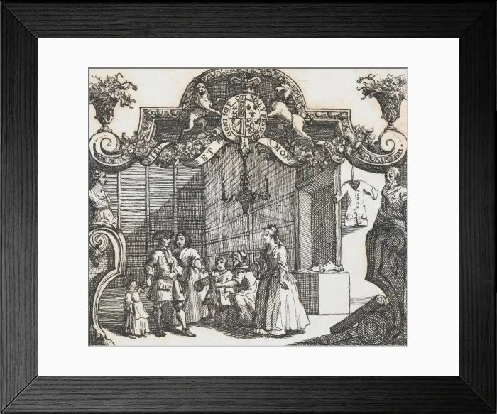 Framed Print : Trade card of Mary & Ann Hogarth, the old Frock Shop, ca. 1730. ca. 1730 Framed Print : Trade card of Mary & Ann Hogarth, the old Frock Shop, ca. 1730. ca. 1730