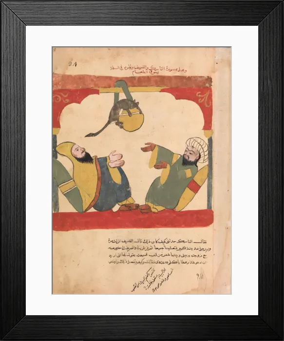 Framed Print : The Ascetic and his Guest with the Mouse Steal the Ascetics Food, Folio from a Kalila Framed Print : The Ascetic and his Guest with the Mouse Steal the Ascetics Food, Folio from a Kalila