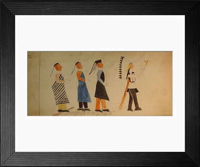 Framed Print : Maffet Ledger: Three indians following a chief, ca. 1874-81. Creator: Unknown Framed Print : Maffet Ledger: Three indians following a chief, ca. 1874-81. Creator: Unknown