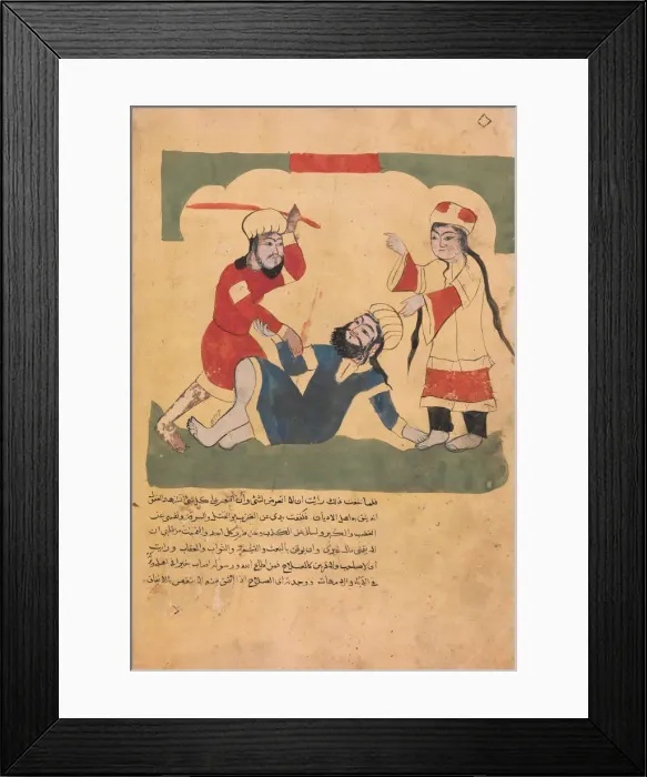 Framed Print : The Husband Beats his Wifes Lover, Folio from a Kalila wa Dimna, 18th century Framed Print : The Husband Beats his Wifes Lover, Folio from a Kalila wa Dimna, 18th century