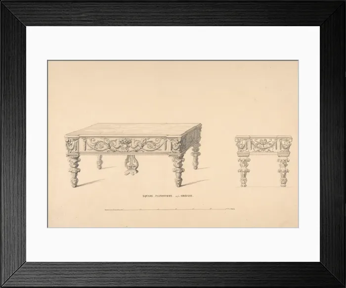 Framed Print : Design for Square Pianoforte, Grecian Style, 1835-1900. Creator: Robert William Hume