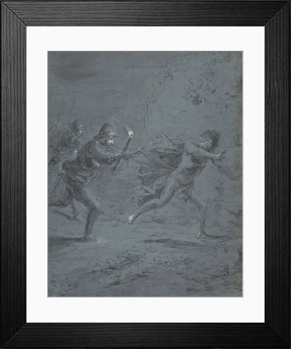 Framed Print : Night scene with soldiers chasing a fugitive (Mark XIV, 5-52), 1611-74 Framed Print : Night scene with soldiers chasing a fugitive (Mark XIV, 5-52), 1611-74