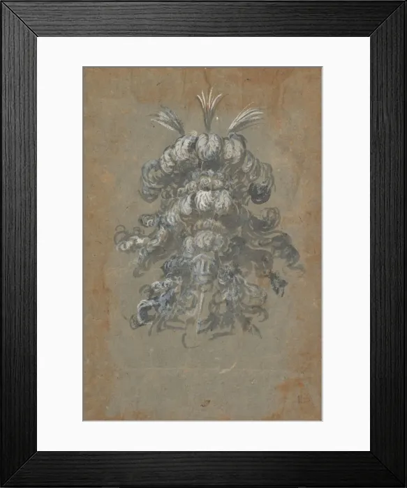 Framed Print : Design for a Lavish Headdress with Feathers on a Helmet (frontal view), ca. 1620-56 Framed Print : Design for a Lavish Headdress with Feathers on a Helmet (frontal view), ca. 1620-56