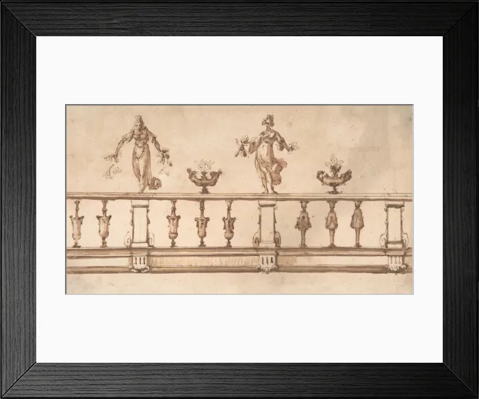 Framed Print : Design for a Balustrade with Female Figures and Urns, 16th-17th century Framed Print : Design for a Balustrade with Female Figures and Urns, 16th-17th century