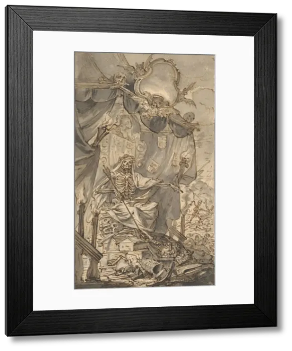 Framed Print : Death on a Canopied Throne (Design for a Title Page), late 17th century Framed Print : Death on a Canopied Throne (Design for a Title Page), late 17th century