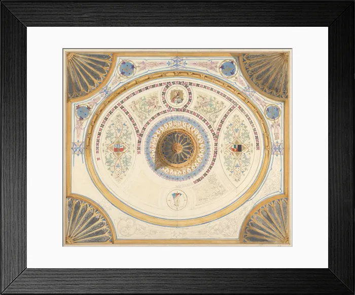 Framed Print : Design for Ceiling with Two Portraits and Fan Supports at Corners, 19th century Framed Print : Design for Ceiling with Two Portraits and Fan Supports at Corners, 19th century