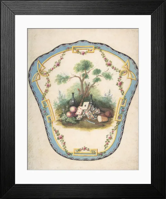 Framed Print : Design for a Firescreen with Picnic Scene and Playing Cards, Late 18th century