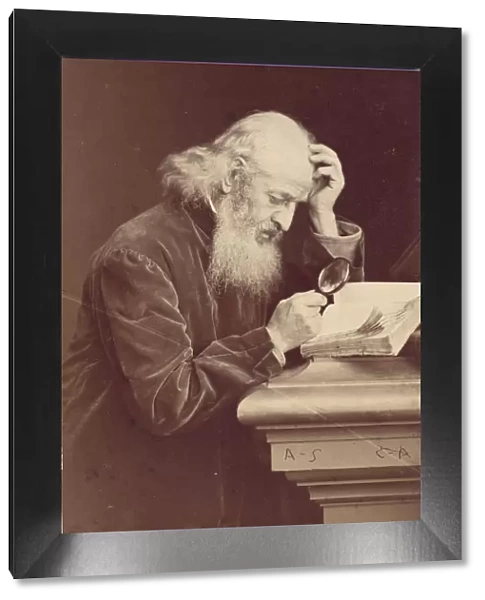 [Bearded Man with Magnifying Glass Examining a Manuscript], 1870s