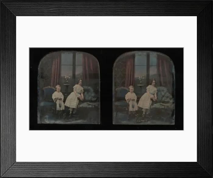 Framed Print : [Stereograph, Two Children Standing Between Furniture in a Studio Parlor Setting], ca