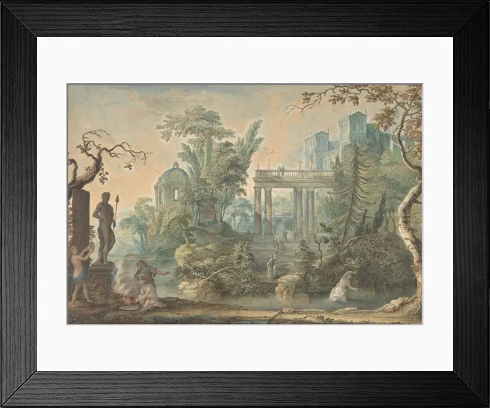 Framed Print : Arcadian Landscape with several Figures and a Statue of Apollo, 18th century Framed Print : Arcadian Landscape with several Figures and a Statue of Apollo, 18th century