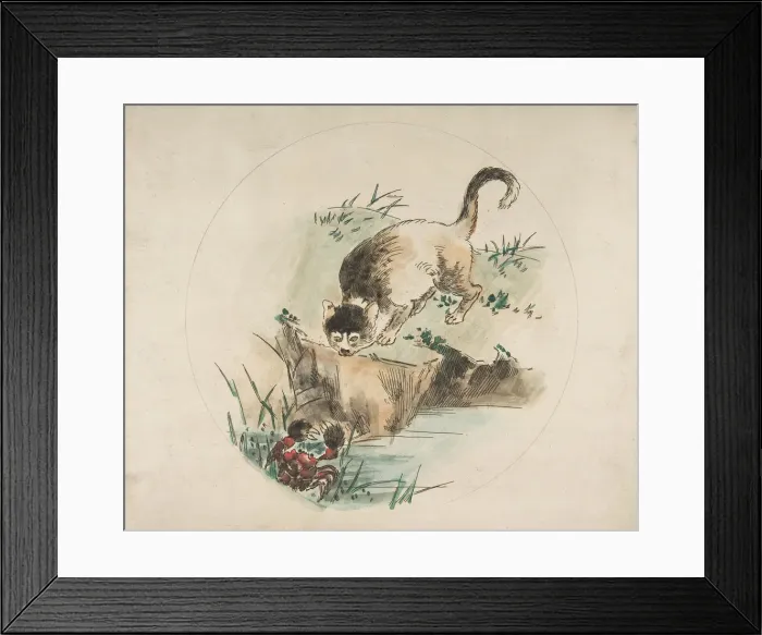 Framed Print : Decoration for a Plate: A Cat Hunting a Crab, 1850-1914. Creator: Felix Bracquemond