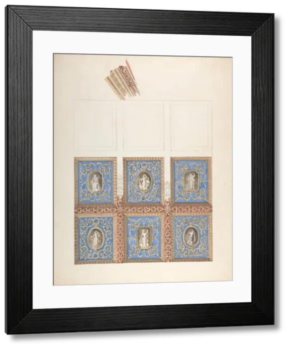 Framed Print : Carved and Painted Ceiling with Six Figural Medallions, for Cleish Castle, 19th century Framed Print : Carved and Painted Ceiling with Six Figural Medallions, for Cleish Castle, 19th century