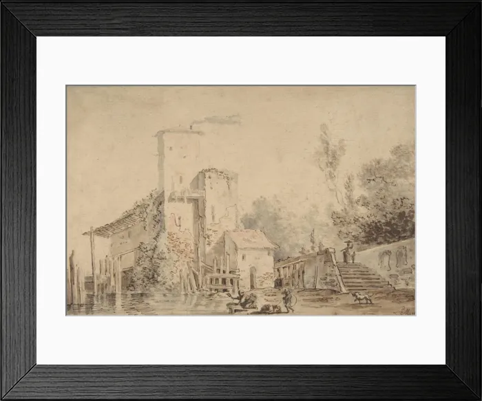 Framed Print : Farm House by a River with Figures, 1765. Creator: Louis Gabriel Moreau Framed Print : Farm House by a River with Figures, 1765. Creator: Louis Gabriel Moreau